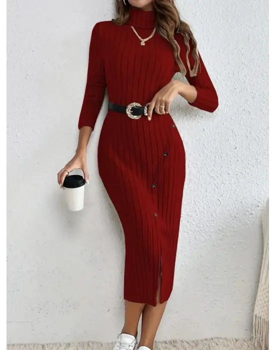 Kadın Uzun Kollu Balıkçı Yaka Yırtmaçlı Düğmeli şardonlu Kaşkorse Elbise