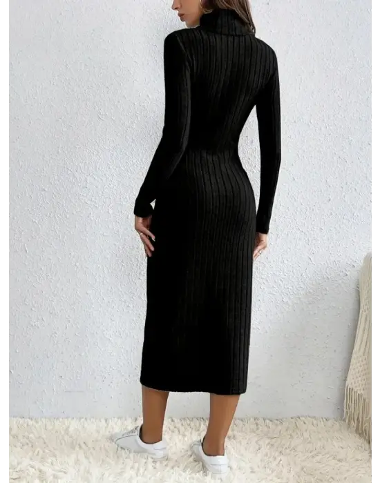 Kadın Uzun Kollu Balıkçı Yaka Yırtmaçlı Düğmeli şardonlu Kaşkorse Elbise