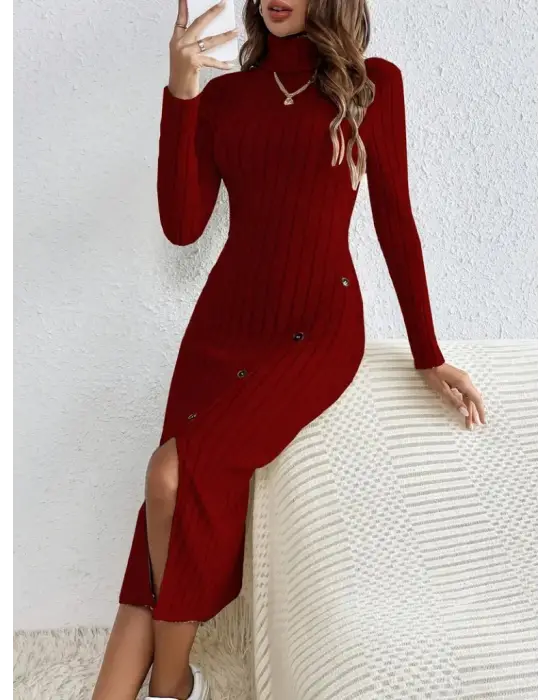 Kadın Uzun Kollu Balıkçı Yaka Yırtmaçlı Düğmeli şardonlu Kaşkorse Elbise