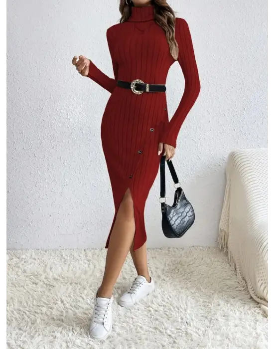 Kadın Uzun Kollu Balıkçı Yaka Yırtmaçlı Düğmeli şardonlu Kaşkorse Elbise