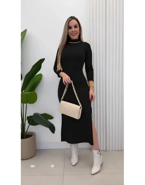 Kadın Uzun Kollu Balıkçı Yakalı Yanlardan Yırtmaçlı Kaşkorse Maxi Elbise