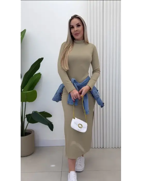 Kadın Uzun Kollu Balıkçı Yakalı Yanlardan Yırtmaçlı Kaşkorse Maxi Elbise