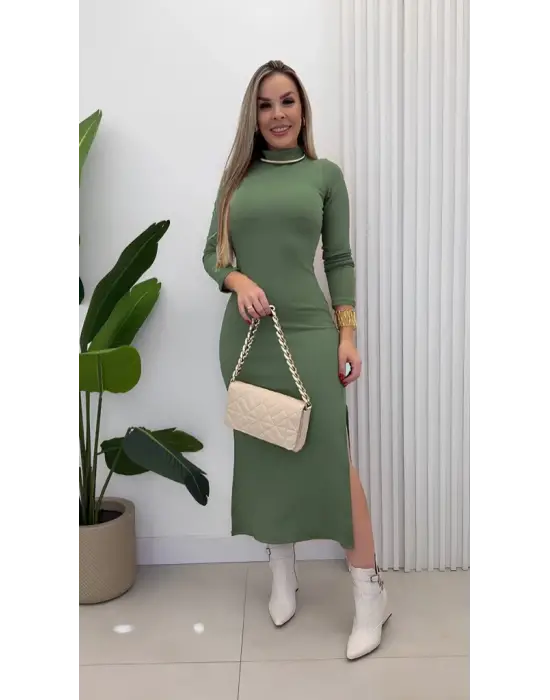 Kadın Uzun Kollu Balıkçı Yakalı Yanlardan Yırtmaçlı Kaşkorse Maxi Elbise