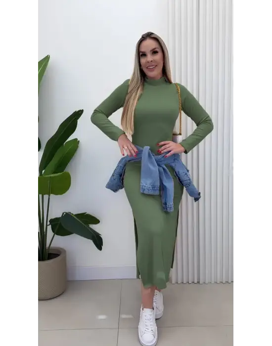 Kadın Uzun Kollu Balıkçı Yakalı Yanlardan Yırtmaçlı Kaşkorse Maxi Elbise