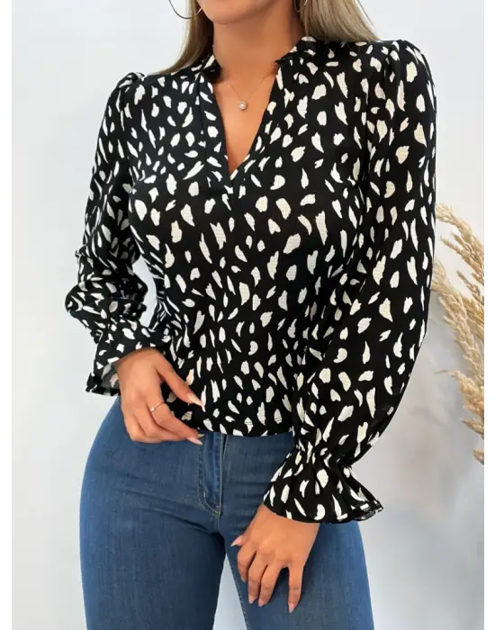 Kadın Uzun Kollu Baskılı Hakim Yaka Helen Kumaş Bluz