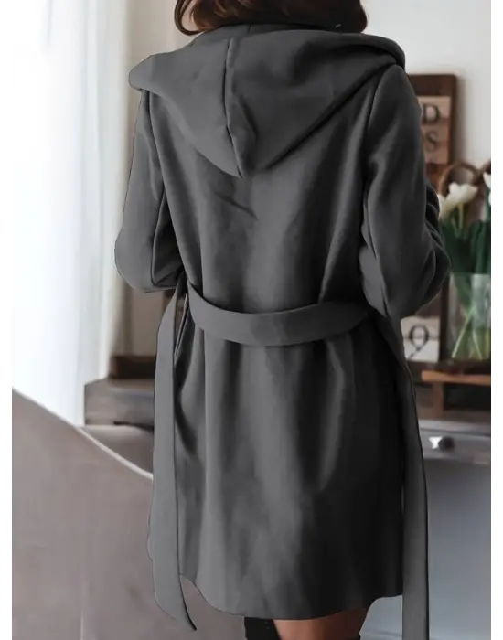 Kadın Uzun Kollu Belden Kuşaklı Kapşonlu Kısa Kaşe Kaban