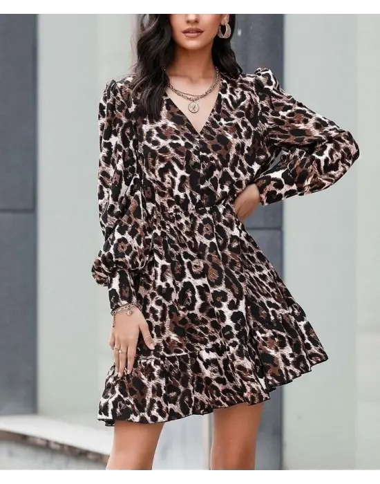 Kadın Uzun Kollu Beli Lastikli Etek Ucu Volanlı Leopar Desen Krep Elbise