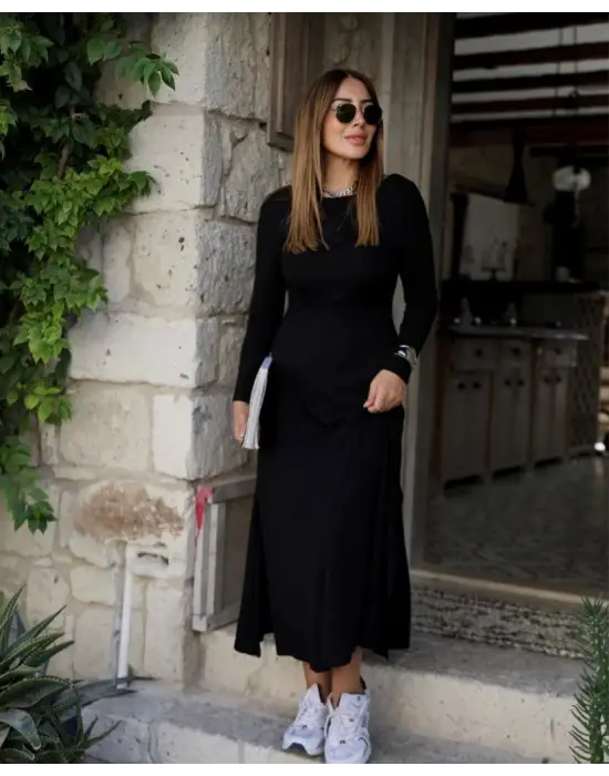 Kadın Uzun Kollu Bisiklet Yaka Arkası çapraz Detaylı Viskon Iki Iplik Maxi Elbise