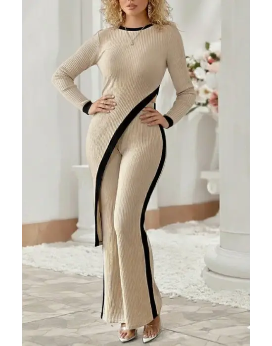 Kadın Uzun Kollu Bisiklet Yaka Asimetrik Kesim Bluz şardonlu Kaşkorse Bluz Ve Pantolon Ikili Takım