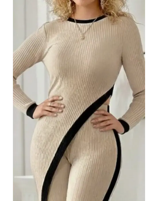 Kadın Uzun Kollu Bisiklet Yaka Asimetrik Kesim Bluz şardonlu Kaşkorse Bluz Ve Pantolon Ikili Takım