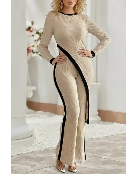 Kadın Uzun Kollu Bisiklet Yaka Asimetrik Kesim Bluz şardonlu Kaşkorse Bluz Ve Pantolon Ikili Takım