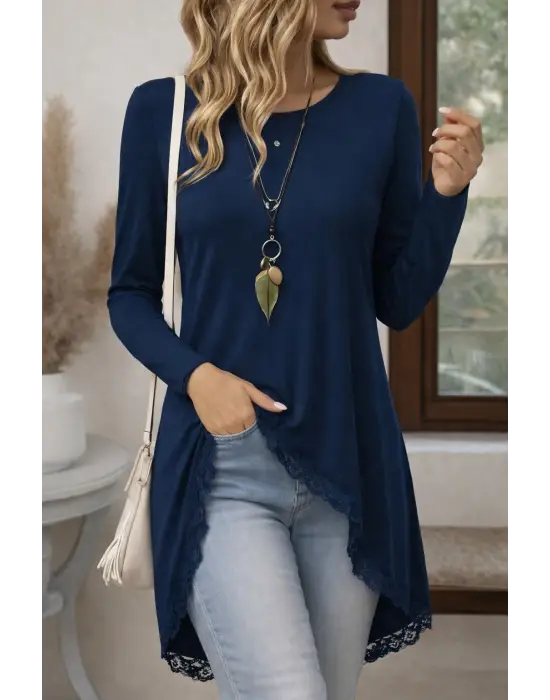 Kadın Uzun Kollu Bisiklet Yaka Asimetrik Kesim Detaylı Dantelli Viskon Bluz