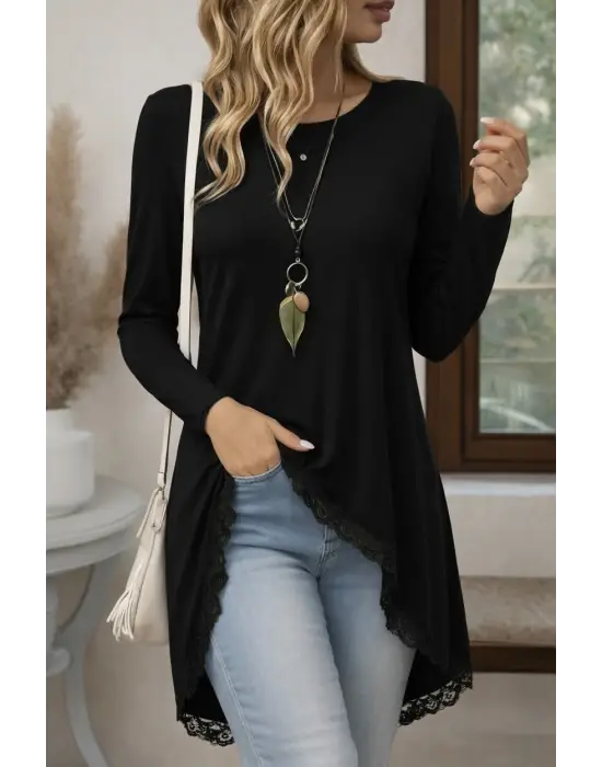 Kadın Uzun Kollu Bisiklet Yaka Asimetrik Kesim Detaylı Dantelli Viskon Bluz