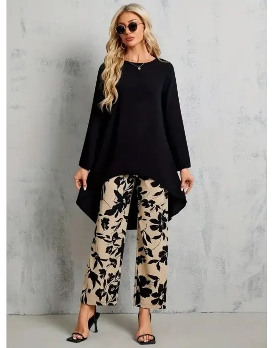 Kadın Uzun Kollu Bisiklet Yaka Asimetrik Kesim Detaylı Viskon Bluz Ve çiçek Desenli Iki Iplik Pantolon