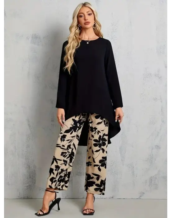 Kadın Uzun Kollu Bisiklet Yaka Asimetrik Kesim Detaylı Viskon Bluz Ve çiçek Desenli Iki Iplik Pantolon