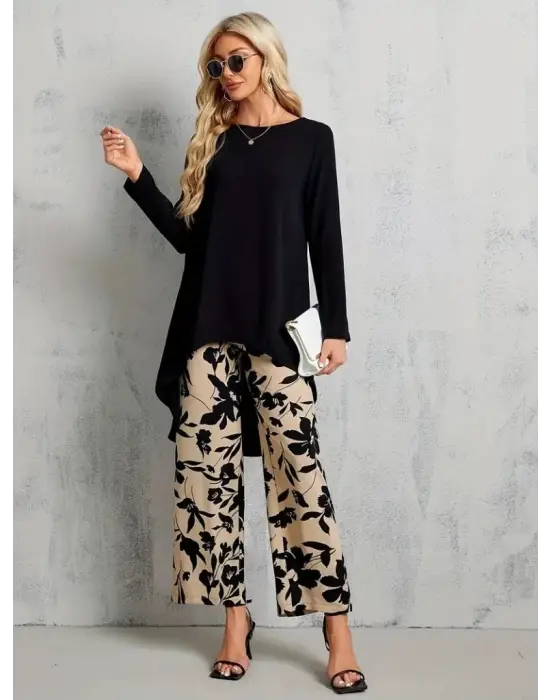 Kadın Uzun Kollu Bisiklet Yaka Asimetrik Kesim Detaylı Viskon Bluz Ve çiçek Desenli Iki Iplik Pantolon