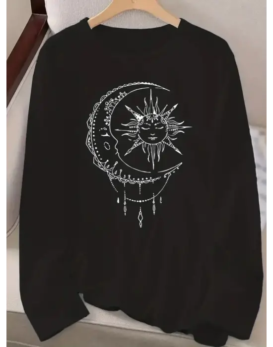 Kadın Uzun Kollu Bisiklet Yaka Ay Baskılı Viskon Bluz