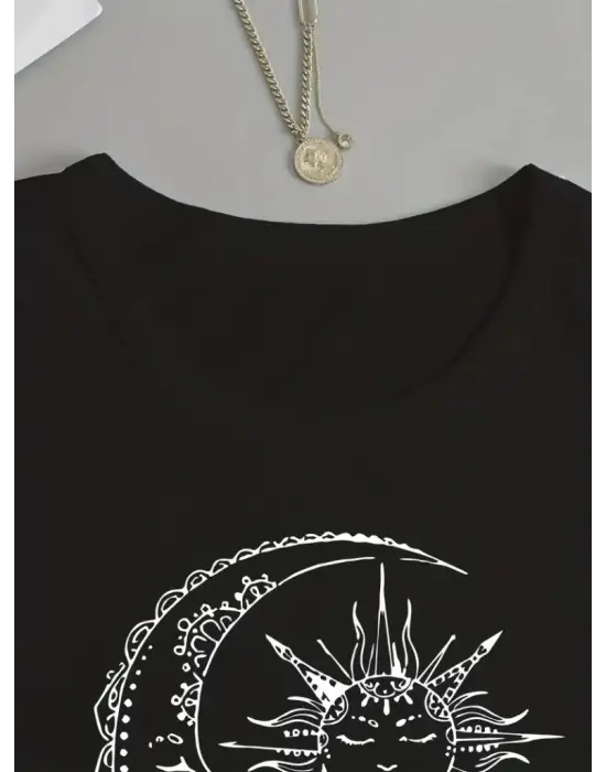 Kadın Uzun Kollu Bisiklet Yaka Ay Baskılı Viskon Bluz