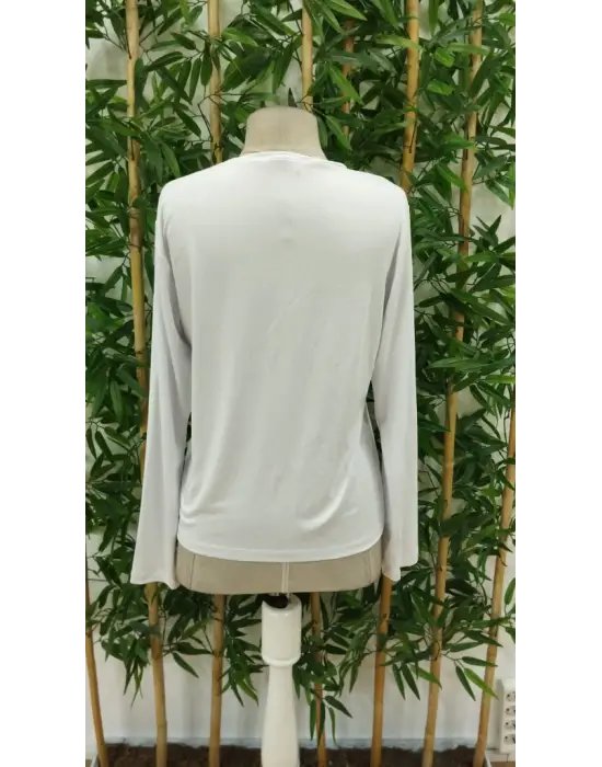 Kadın Uzun Kollu Bisiklet Yaka Ay Baskılı Viskon Bluz