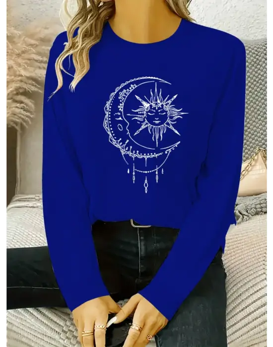 Kadın Uzun Kollu Bisiklet Yaka Ay Baskılı Viskon Bluz