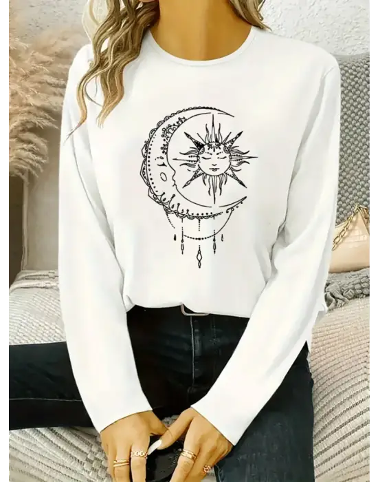 Kadın Uzun Kollu Bisiklet Yaka Ay Baskılı Viskon Bluz