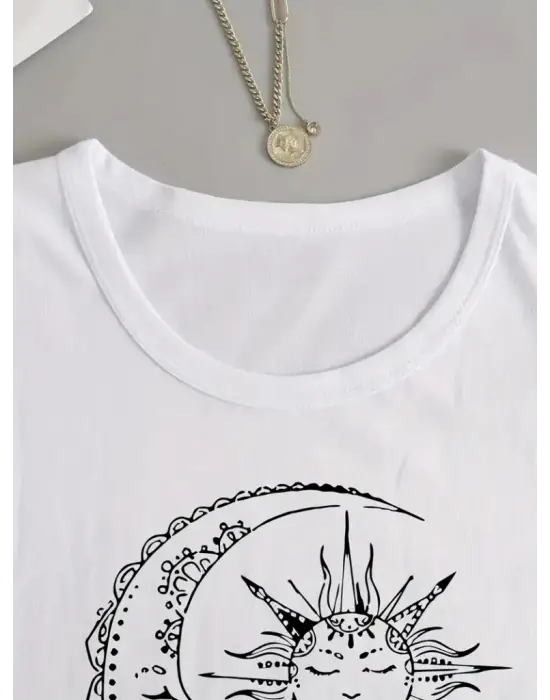 Kadın Uzun Kollu Bisiklet Yaka Ay Baskılı Viskon Bluz