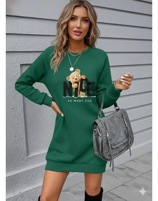 Kadın Uzun Kollu Bisiklet Yaka Ayı Desenli Viskon Iki Iplik Elbise