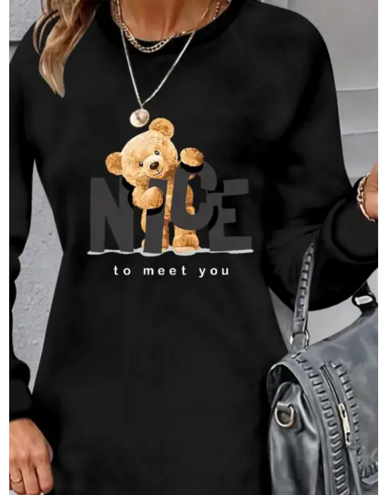 Kadın Uzun Kollu Bisiklet Yaka Ayı Desenli Viskon Iki Iplik Elbise