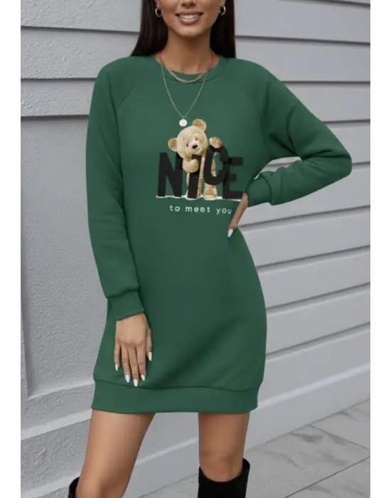 Kadın Uzun Kollu Bisiklet Yaka Ayı Desenli Viskon Iki Iplik Elbise