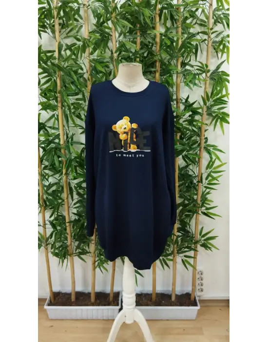 Kadın Uzun Kollu Bisiklet Yaka Ayı Desenli Viskon Iki Iplik Elbise