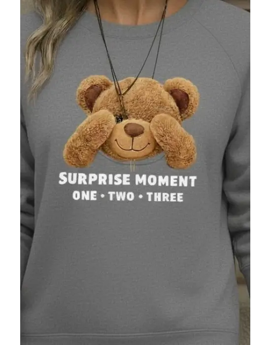 Kadın Uzun Kollu Bisiklet Yaka Ayıcık Desenli Viskon Iki Iplik Bluz