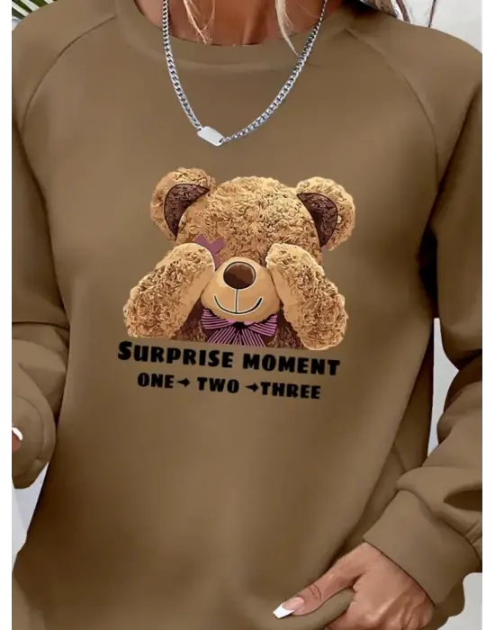 Kadın Uzun Kollu Bisiklet Yaka Ayıcık Desenli Viskon Iki Iplik Bluz