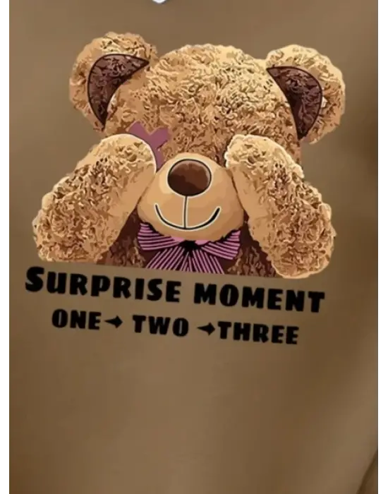 Kadın Uzun Kollu Bisiklet Yaka Ayıcık Desenli Viskon Iki Iplik Bluz