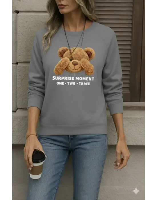 Kadın Uzun Kollu Bisiklet Yaka Ayıcık Desenli Viskon Iki Iplik Bluz