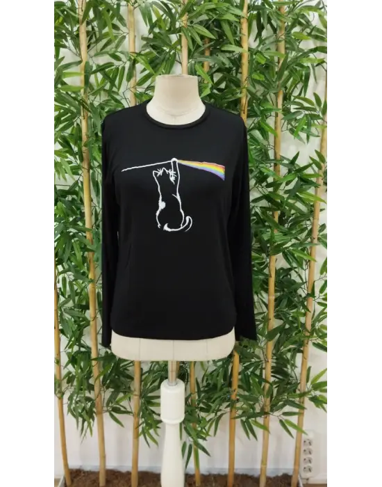 Kadın Uzun Kollu Bisiklet Yaka Baskılı Iki Iplik Bluz