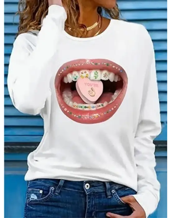 Kadın Uzun Kollu Bisiklet Yaka Baskılı Viskon Bluz