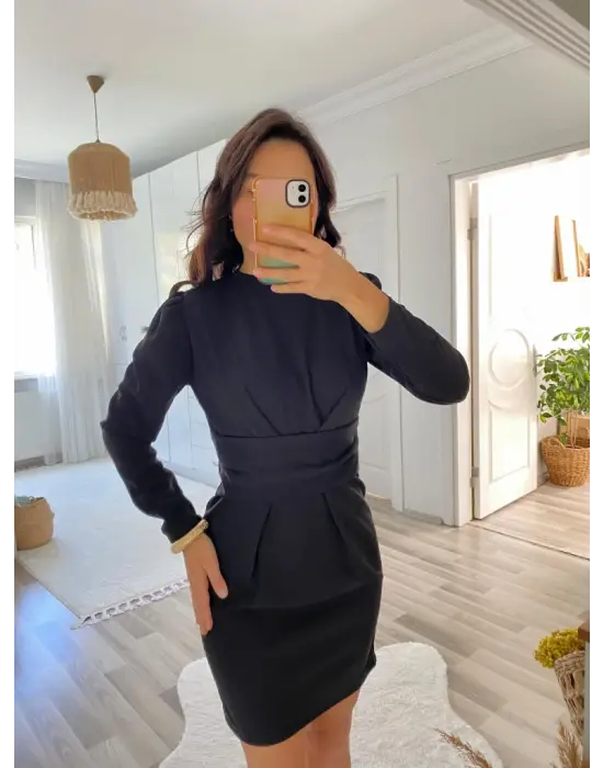 Kadın Uzun Kollu Bisiklet Yaka Bel Kemer Detay Ithal Krep Elbise