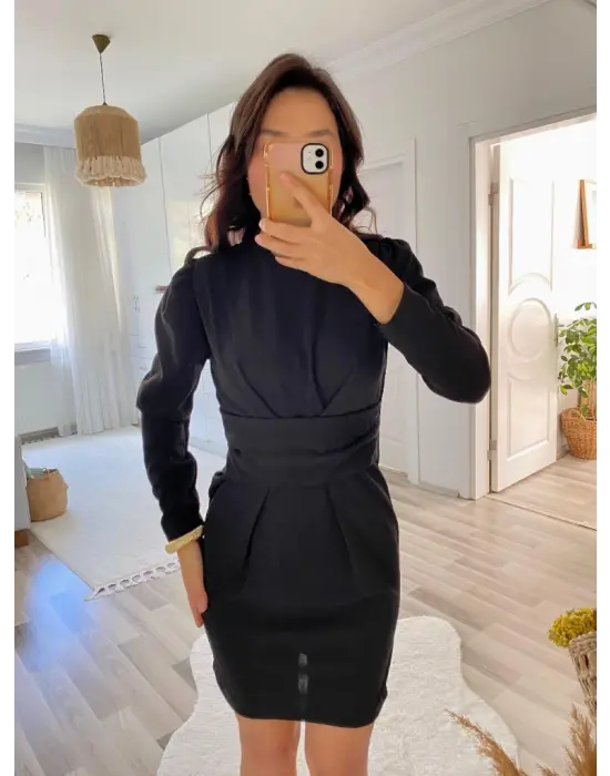 Kadın Uzun Kollu Bisiklet Yaka Bel Kemer Detay Ithal Krep Elbise