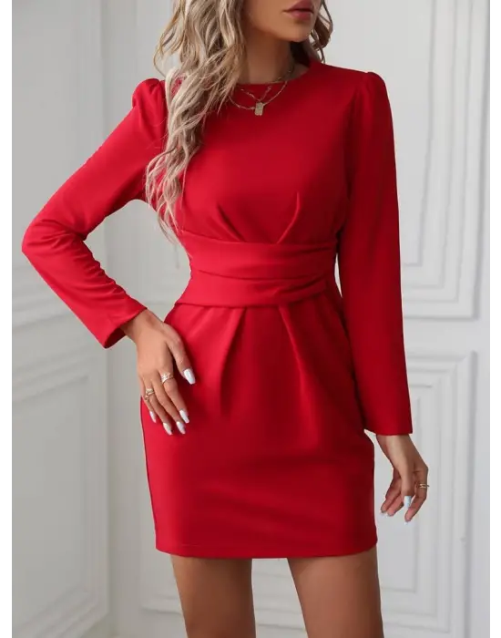 Kadın Uzun Kollu Bisiklet Yaka Bel Kemer Detay Ithal Krep Elbise