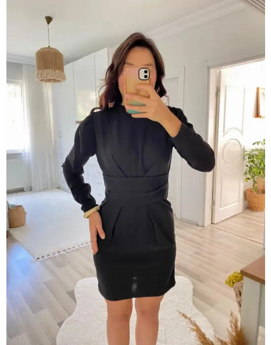 Kadın Uzun Kollu Bisiklet Yaka Bel Kemer Detay Ithal Krep Elbise