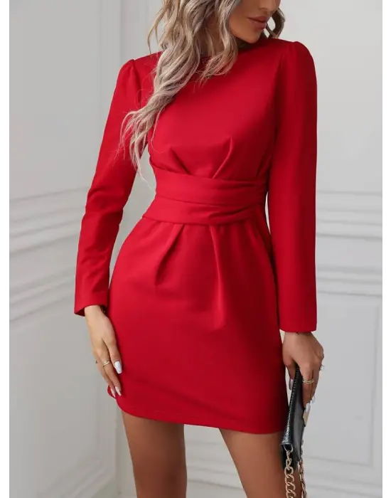 Kadın Uzun Kollu Bisiklet Yaka Bel Kemer Detay Ithal Krep Elbise