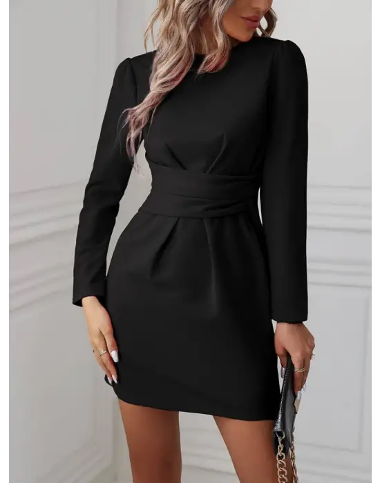 Kadın Uzun Kollu Bisiklet Yaka Bel Kemer Detay Ithal Krep Elbise