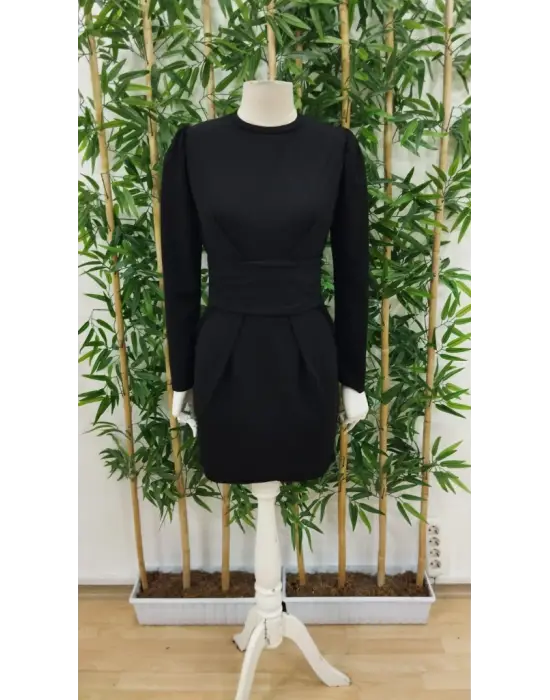 Kadın Uzun Kollu Bisiklet Yaka Bel Kemer Detay Ithal Krep Elbise