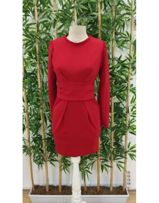 Kadın Uzun Kollu Bisiklet Yaka Bel Kemer Detay Ithal Krep Elbise