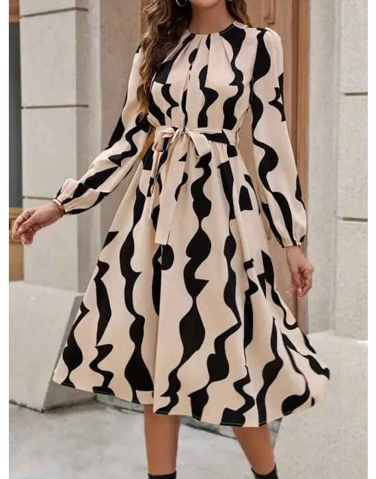 Kadın Uzun Kollu Bisiklet Yaka Belden Bağlamalı Desenli Belden Kuşaklı Mikro Süprem Midi Elbise