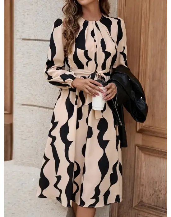 Kadın Uzun Kollu Bisiklet Yaka Belden Bağlamalı Desenli Belden Kuşaklı Mikro Süprem Midi Elbise