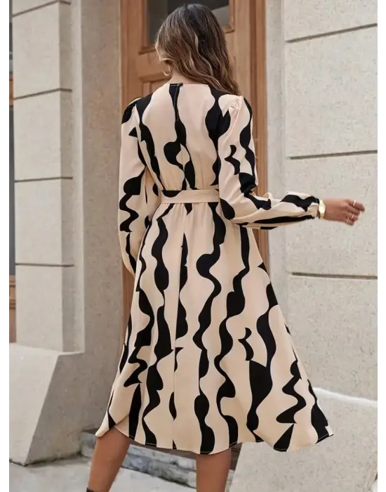 Kadın Uzun Kollu Bisiklet Yaka Belden Bağlamalı Desenli Belden Kuşaklı Mikro Süprem Midi Elbise