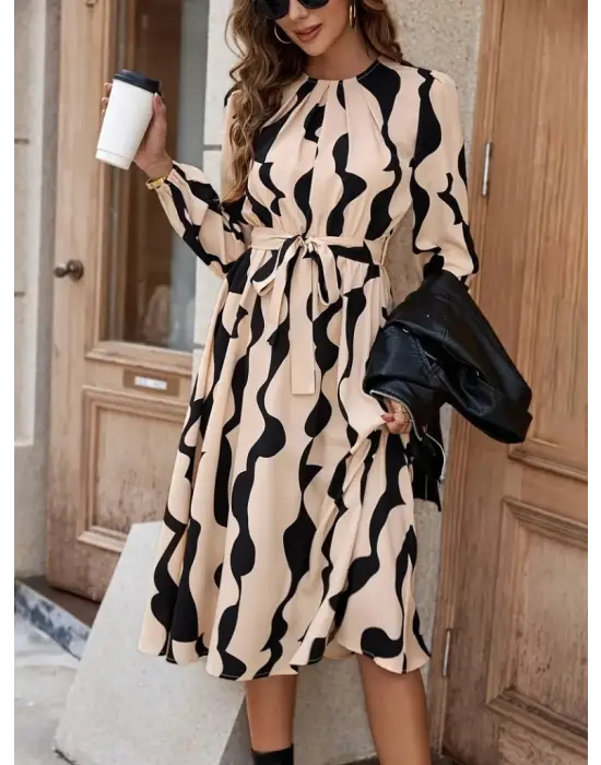 Kadın Uzun Kollu Bisiklet Yaka Belden Bağlamalı Desenli Belden Kuşaklı Mikro Süprem Midi Elbise
