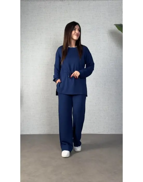 Kadın Uzun Kollu Bisiklet Yaka Belden Büzgülü Bağcıklı Viskon Iki Iplik Bluz Ve Pantolon Ikili Takım