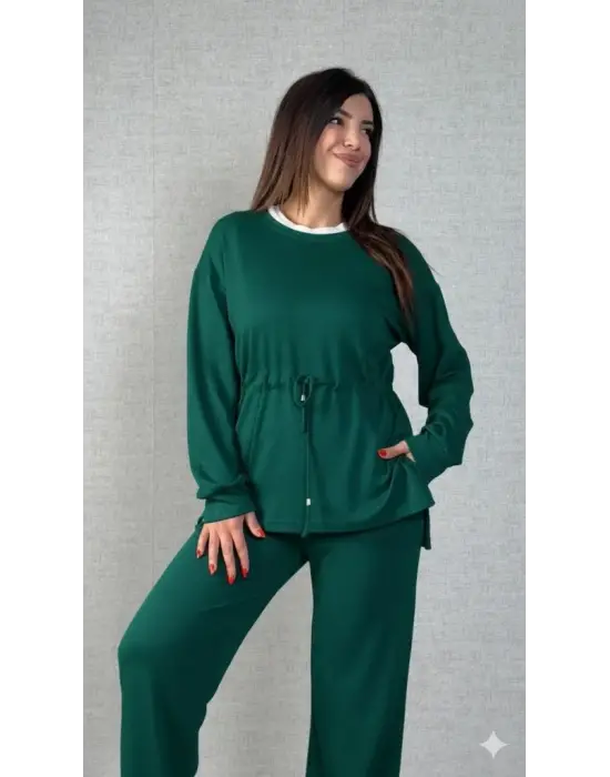 Kadın Uzun Kollu Bisiklet Yaka Belden Büzgülü Bağcıklı Viskon Iki Iplik Bluz Ve Pantolon Ikili Takım